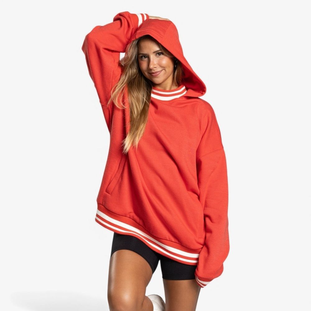 P’tula Oversized Varsity Hoodie Red Striped Trim Size M Athleisure Sporty Prep